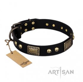 "Biker Style" FDT Artisan Black Leather Doberman Collar with Old Bronze Look Plates and Skulls