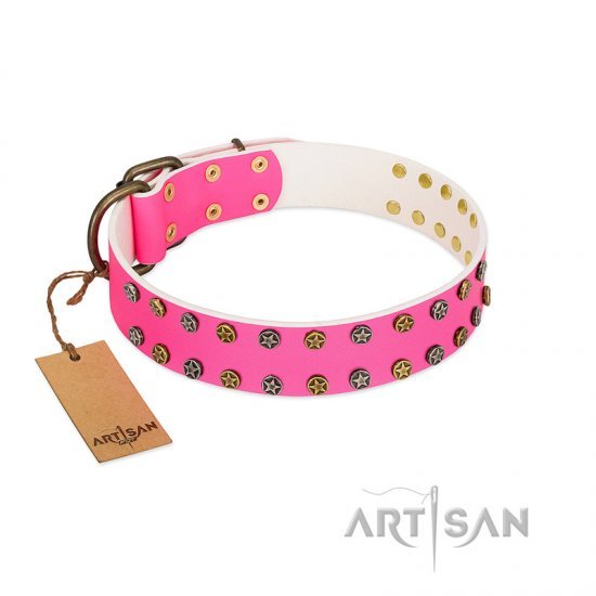 "Blushing Star" FDT Artisan Pink Leather Doberman Collar with Two Rows of Small Studs